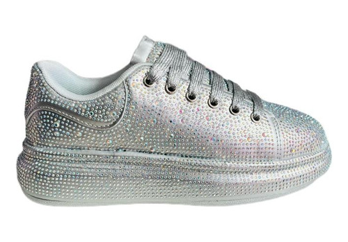 Tenis Con Brillos Y Pedrería Incrustada De Moda Plata