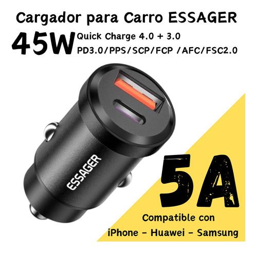 Cargador Carro Essager 45W USB-C + USB-A Para Samsung 45W/ iPhone - Xiaomi 27W/ Huawei - Oppo - Realme 22.5W Negro