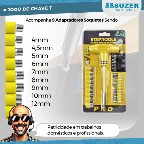 Jogo Chave T Com Soquete Bits Fenda Torx Philips 20 Peças