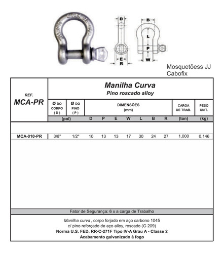 10 Unid. Manilha Curva Corpo 3/8 Pino 7/16 1000kg Aço Alloy
