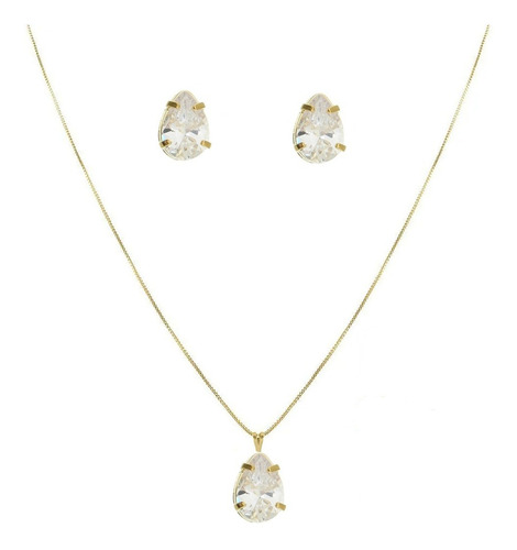 Gargantilha Folheada A Ouro 18k Conjunto Gota Pedra Cristal