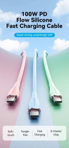 Cabo de carregamento rápido USB C 1m 5a 100w Pd Silicone Vention azul claro