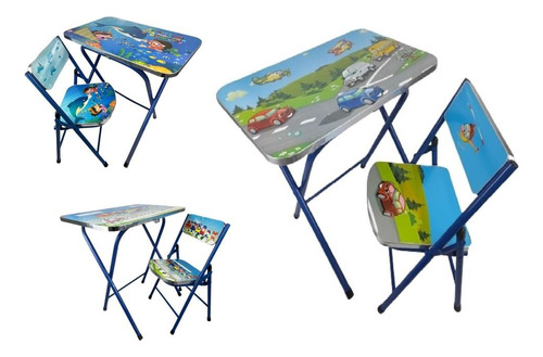 Mesa Infantil Educativa Azul Com Cadeira Dobrável Kit