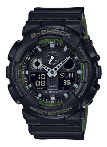 Reloj pulsera Casio G-Shock GA100 de cuerpo color negro, analógica-digital, para hombre, fondo negro, con correa de resina color negro y verde, agujas color plateado, dial gris, subesferas color negro y gris, minutero/segundero gris, bisel color negro y verde y hebilla doble