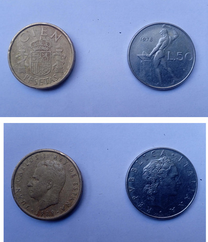 100 Pesetas Españolas De 1989 Y 50 Liras Italianas (Usado)