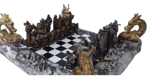 Jogo De Xadrez Temático Castelo Medieval Dragão Tabuleiro Vi