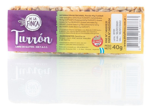 Imagen 3 de 4 de Turrón De Semillas De La Finca X 20u - Sin Tacc - Maní