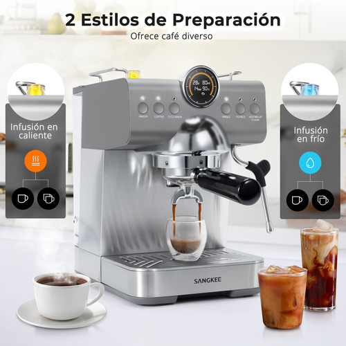 Sangkee Máquina de espresso con Cold Brew, Cafetera Espresso Profesional con Varilla de Vapor para Espumar Leche para Lattes y Capuchinos, Máquina de Café Espresso con Pantalla LED (Acero Inoxidable)