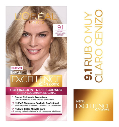 Kit Tintura L'oréal Paris Excellence Creme Tono 9.1 Rubio Muy Claro Ceniza Para Cabello