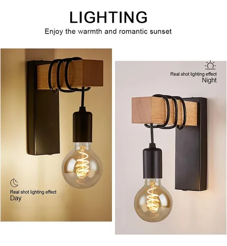 Aplique Con Madera Lampara De Pared Pase E27 Portalampara Negro