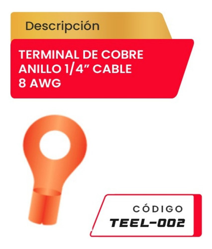 Terminal De Cobre Anillo 1/4  Cable 8 Awg Teel-002 Codire