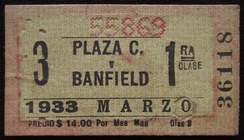 Antiguo Boleto Tren F. C. Sud. Marzo 1933. 46175