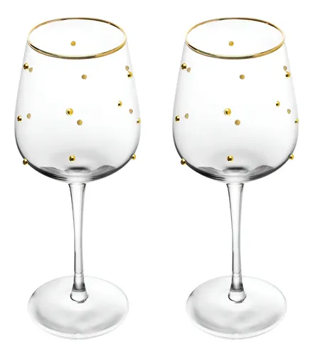 Conjunto 2 Taças Para Vinho Balls Fio De Ouro 350ml Vidro Wolff Transparente