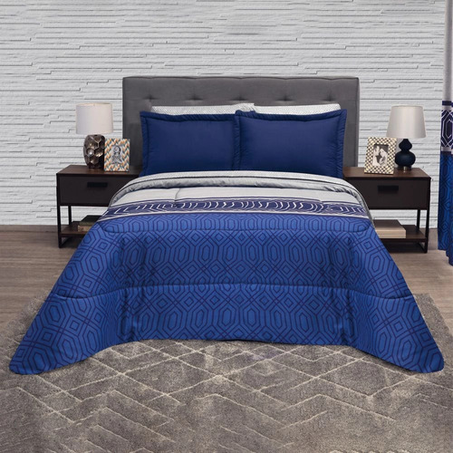 Edredon King Size Con Juego De Sabanas Beige Azul Lugo