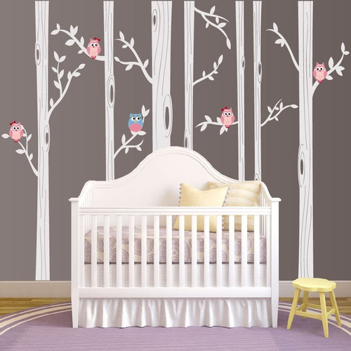 Nursery Birch Tree Wall Decal Set With Owl Birds Forest...