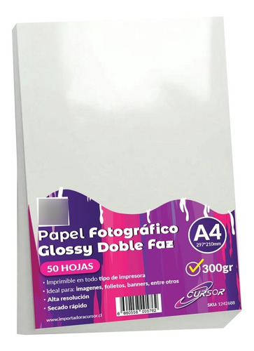 Papel Glossy Fotografico Doble Faz  A4 300g 50 Hojas Cursor