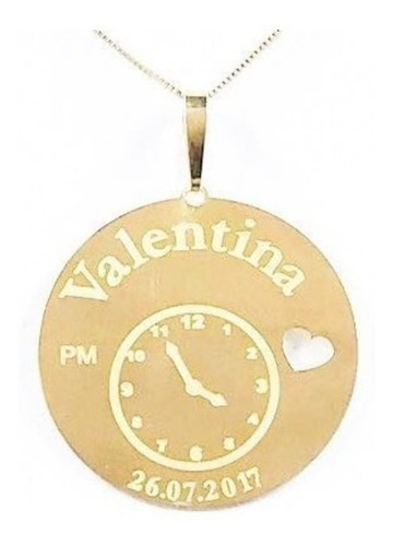 Gargantilha C/ Medalha Ouro 18k Nasc Relógio Nome Data Hora