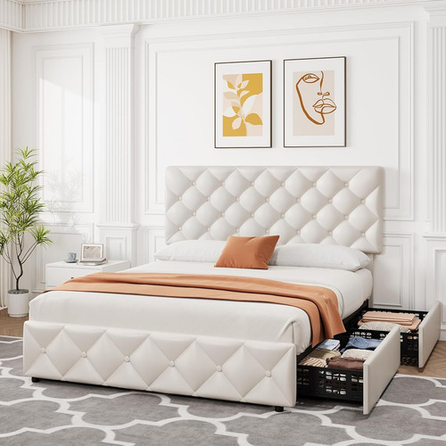 Base De Cama Matrimonial Idealhouse Tapizada En Lino Blanco
