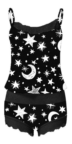Lencería Mujer Sun Moon Print Pijamas Camisola De Encaje Sin 