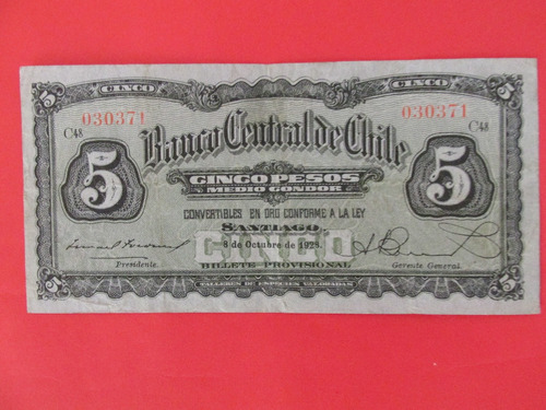  Billete Chile 5 Pesos Firmado Tocornal-burr Año 1928 Escaso