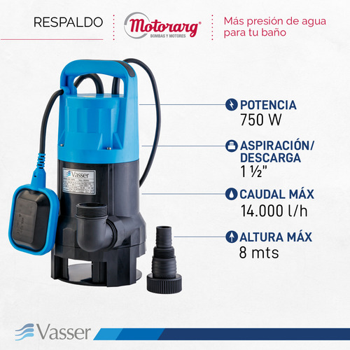 Bomba Desagote Achique Vasser Motorarg Agua Sucia 1 Hp 10m Cable