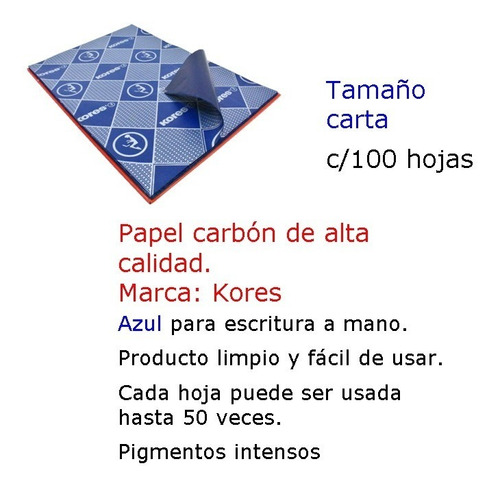 Papel Carbon Kores Azul Tamaño Carta Lote 5 Paq 100 Hojas Cu