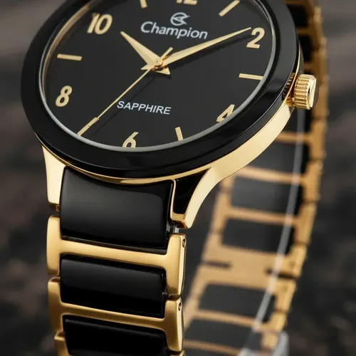 Relógio Champion Cerâmica Vidro Safira Preto Dourado Luxuoso Mode...