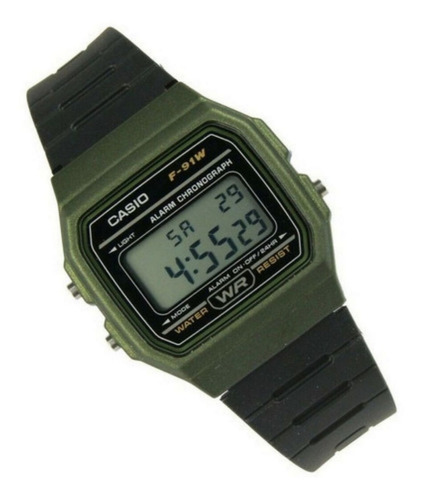 Reloj de pulsera Casio Collection F-91 de cuerpo color verde, digital, fondo gris, con correa de resina color negro, dial negro, minutero/segundero negro, bisel color verde y hebilla simple