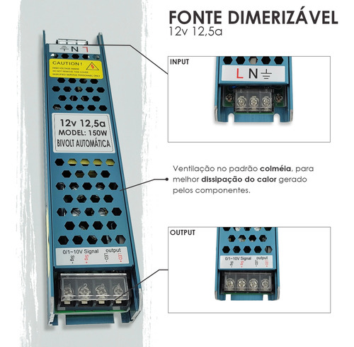 Fonte 12v Dimerizavel 150w 12,5 Fita Led Neon Cob Modulo Led