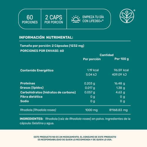 Life 360+ 120 Cápsulas Con Raiz Rhodiola