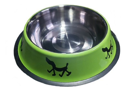 Plato De Acero Inoxidable Color Verde Diseño Perritos 710ml.