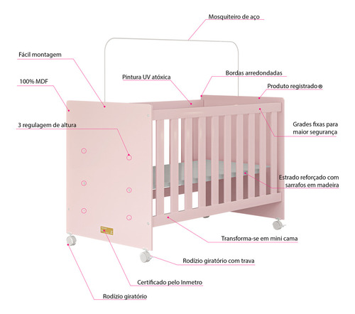 Berço Americano Baby Bebê Bela Com Colchão Impermeável Incluso Rosa 3 Em 1 Multifuncional Vira Cama Quarto Infantil Regulagem Altura Rodizio
