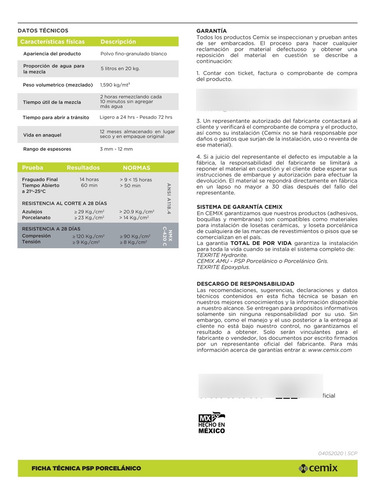 2 Bultos Psp Pegazulejo Porcelanico Reforzado Cemix 20 Kg