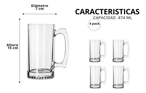 Juego 4 Tarros Cerveceros Lisos Clasicos Para Cerveza 474 Ml