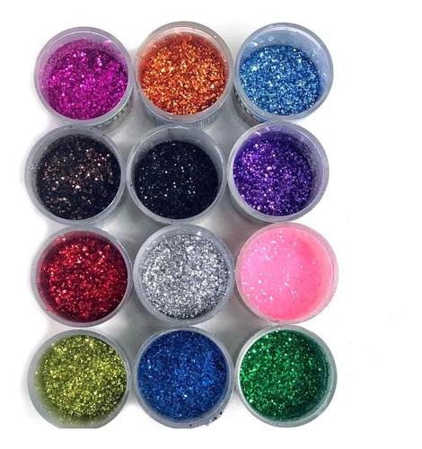 Kit C/12 Glitter Purpurina Colorido Em Pó Cada Contém 3g Cor Pacote sortido