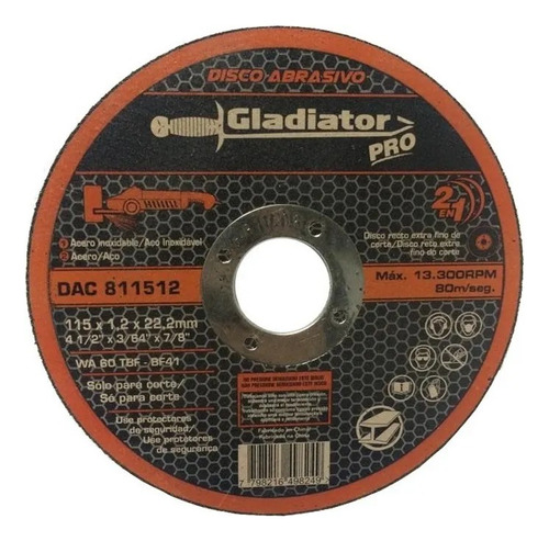 Disco Gladiador P/corte Fino 4-1/2 Dac811512/1 Paq 50