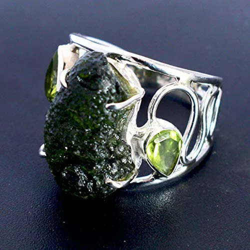 Anillo De Plata Con Moldavita Y Peridoto, Joyería Hecha A Ma