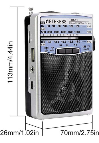 Rádio Retekess Tr611 Am Fm Sw Mp3 Player Importado Preto