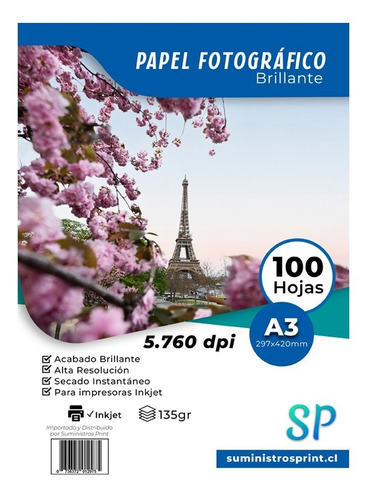 Papel Fotográfico A3 Glossy 135gr Alto Brillo X 100 Hojas