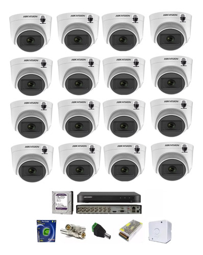 Kit Dvr 16 Ch Hikvision / 16 Cameras Dome Com Áudio / Acess.