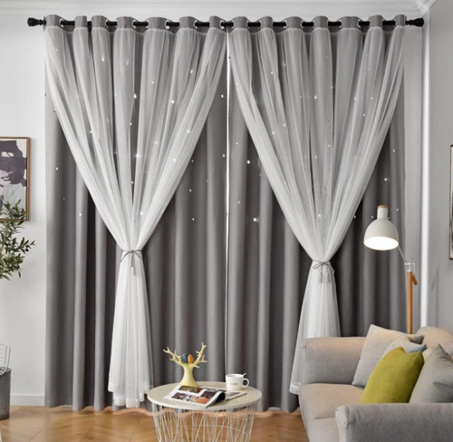 Cortina Lisa Con Tul Y Diseño Estrella De 132x240 Cm 2 Pzs