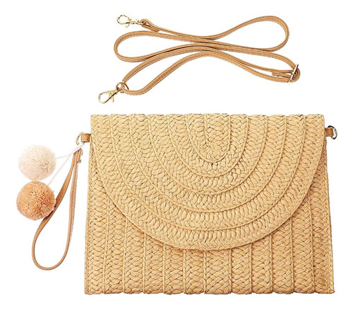 Bolso De Hombro De Ratan Tejido A Mano- Color Beige