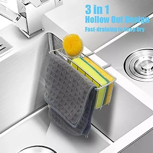 Soporte de esponja 3 en 1 para fregadero de cocina, soporte para cepillos  movible + colgador de paños de cocina, organizador pequeño, cesta de  estante