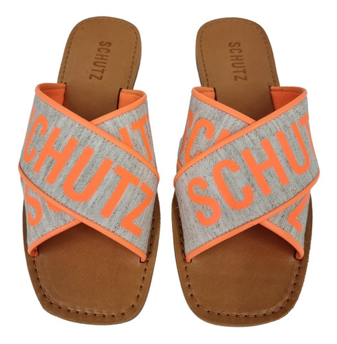 Imagem 2 de 2 de Sandália Rasteira De X Schutz Logo Bege E Laranja