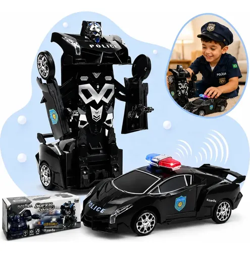Carrinho de Polícia Robô Kizumba com Luz e Som, Carro Brinquedo Transformável de 23 cm