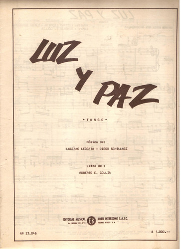 Partitura Del Tango De Luciano Leocata - R. Collia Luz Y Paz