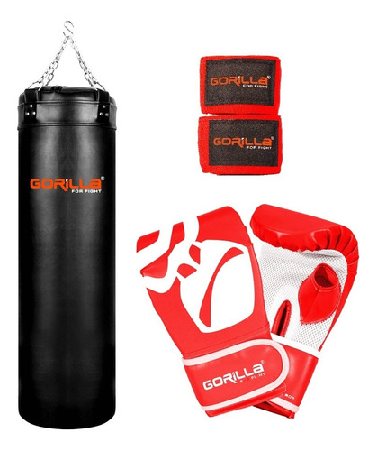 Saco Pancada 120 Cm Cheio + Luva Bandagem Muay Thai Gorilla Cor Vermelho