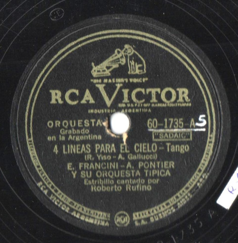 Disco Pasta 78 Rpm Francini Pontier 4 Líneas Para El Cielo