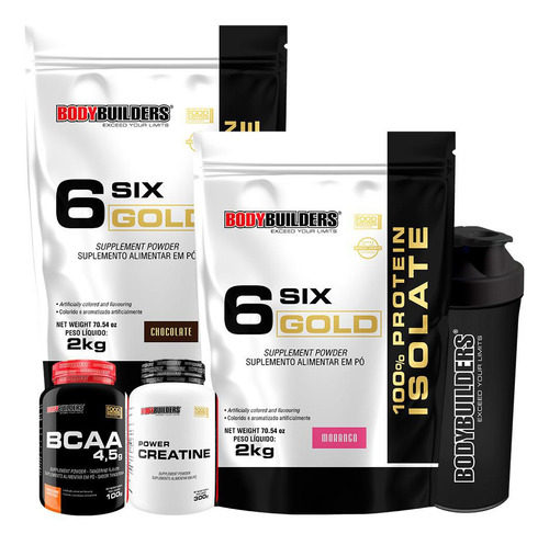 Kit 2x Whey Isolado Six Gold 2kg Creatina Bcaa Coqueteleira