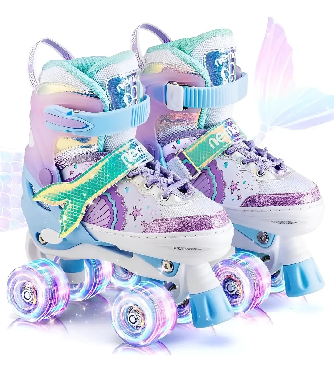 Patins Infantil Ajustável Sereia com Rodas de LED para Crianças